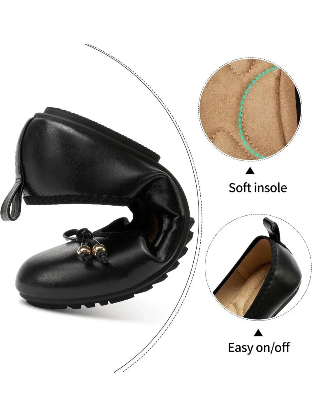 Women's Black PU Leather Round Toe Ballet Flats Slip-On Cushioned Comfort Shoes